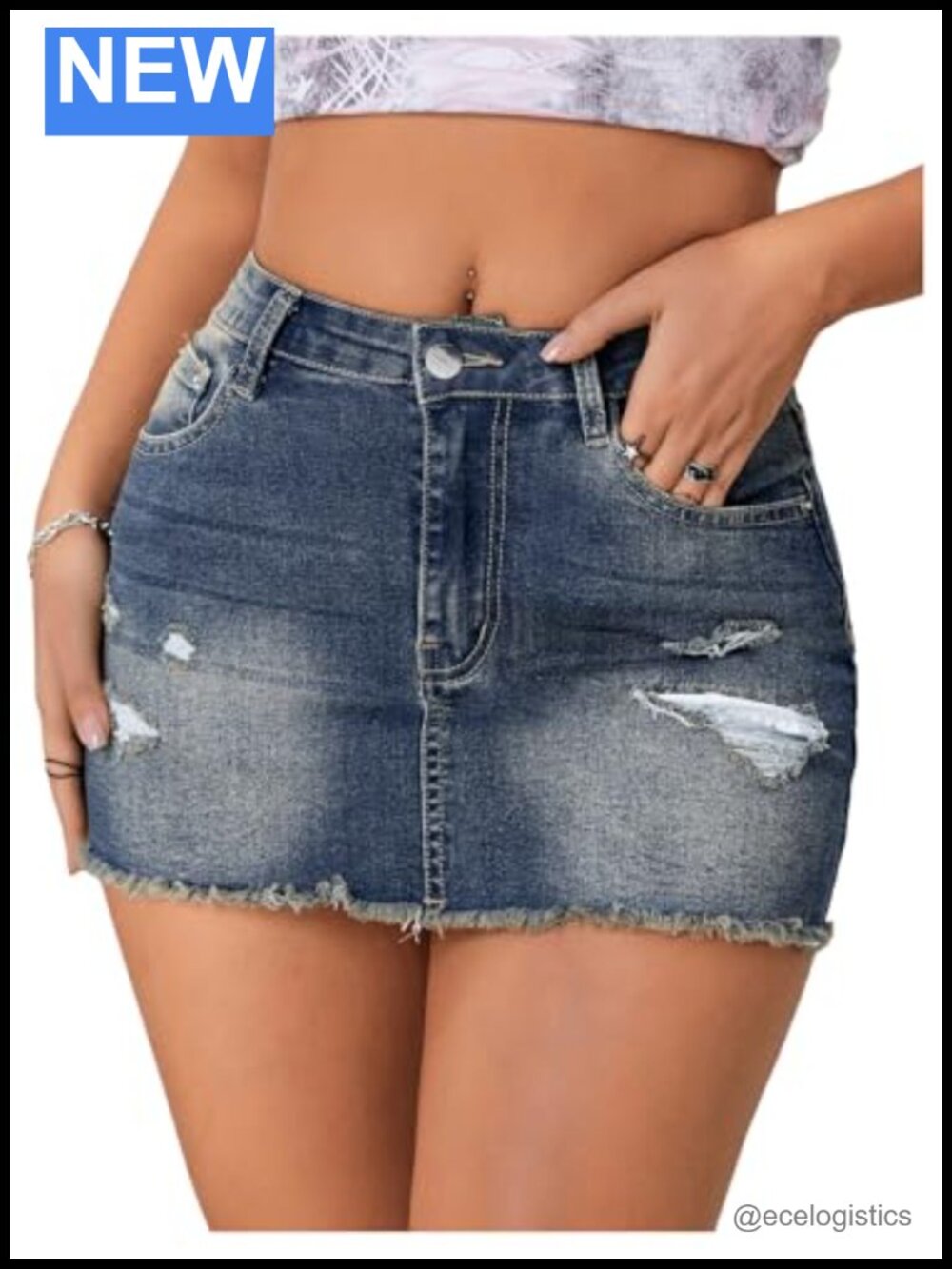 Ripped Denim Mini Skirt Low Rise Raw Hem with Pockets Casual Summer